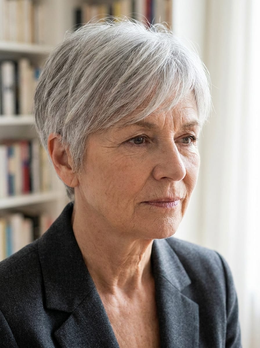 Graue Kurzhaarfrisur mit seitlichem Pony - Graue Kurzhaarfrisuren für Damen